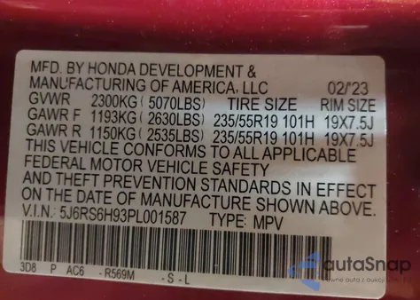 2023 Honda Cr-V Hybrid Sport Touring z USA, uszkodzony, nr VIN 5J6RS6H93PL001587